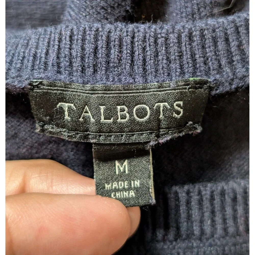 Talbots Size M Knit Sweater Super Soft Holiday Tree Navy Blue Christmas Classic